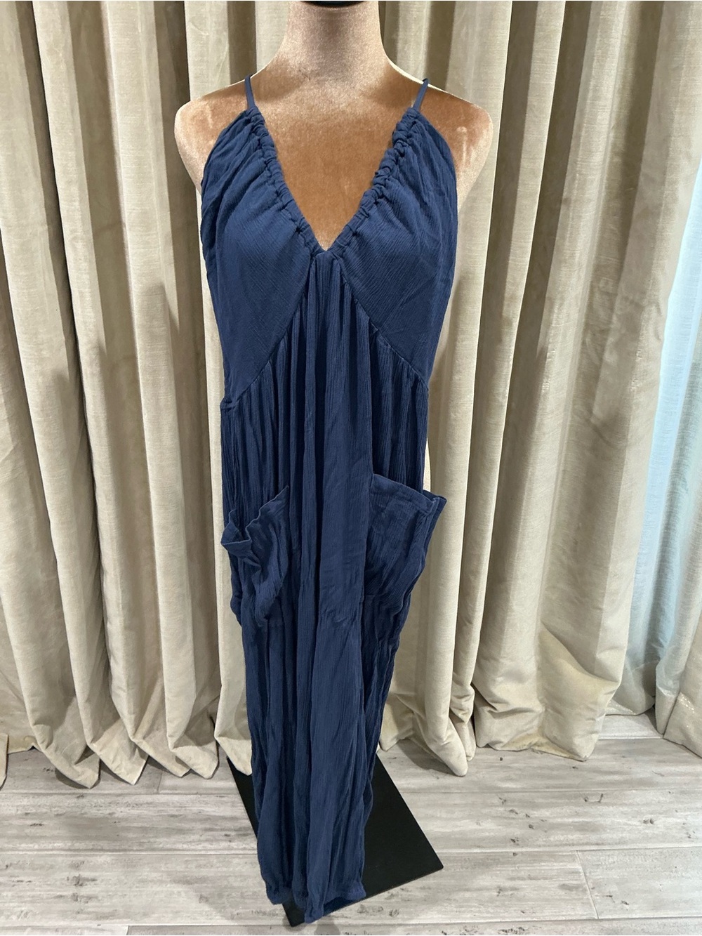 Navy Blue Spaghetti Strap Maxi Dress with Pockets